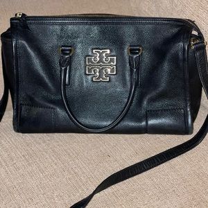 Tori Burch Black Leather Satchel with cross body strap and gold hardware